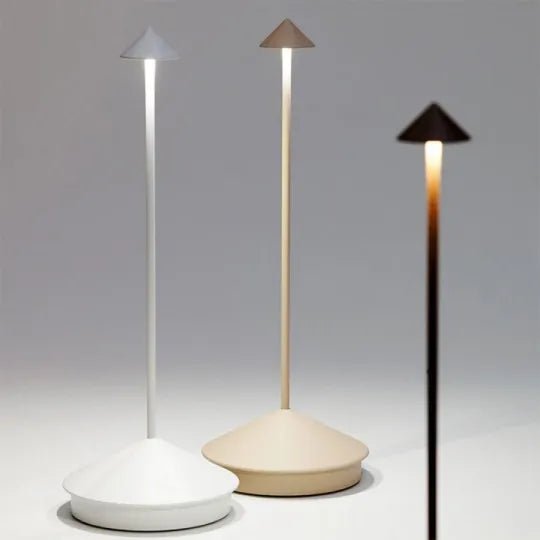 Wireless LED table lamp featuring adjustable dimmable brightness and a waterproof design, perfect for indoor and outdoor use, with a sleek modern appearance and cordless battery 4