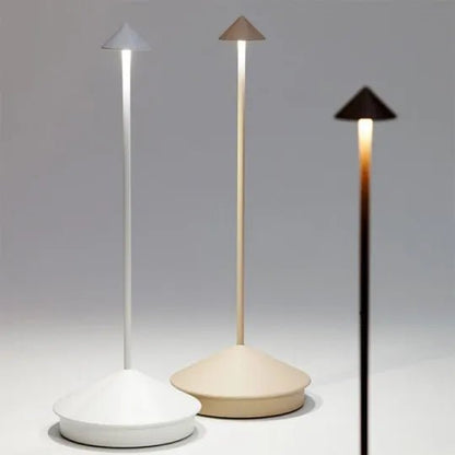 Wireless LED table lamp featuring adjustable dimmable brightness and a waterproof design, perfect for indoor and outdoor use, with a sleek modern appearance and cordless battery 4
