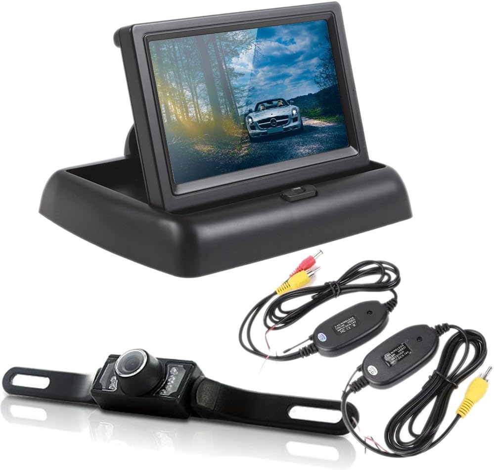 Wireless reversing camera featuring night vision capabilities and a 4.3-inch LCD monitor, designed for easy installation and enhanced safety while reversing, with a waterproof 0