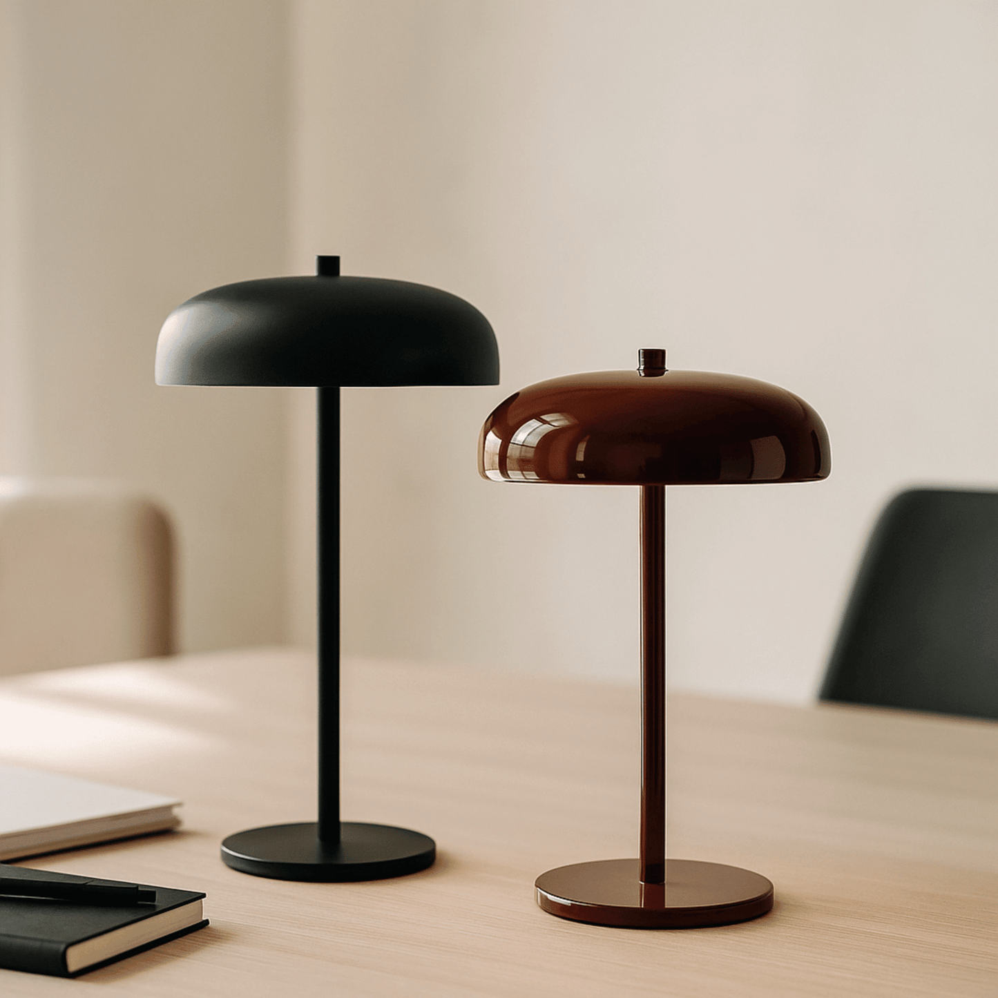 Wireless table lamp featuring a sleek metal design, dimmable LED functionality, perfect for modern bedside or desk use, and rechargeable for convenience. 8