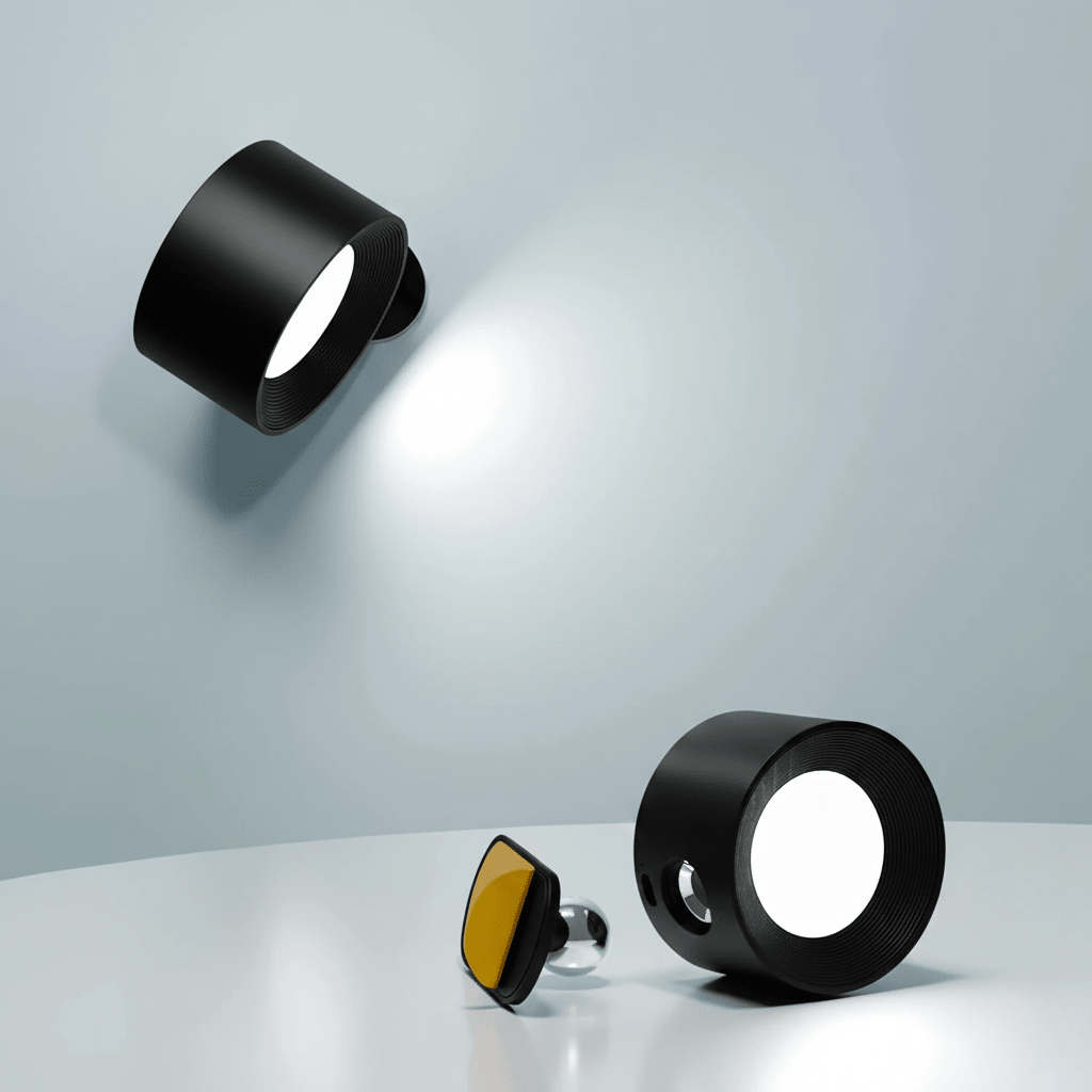 Wireless wall lamp featuring a minimalist design, 360° rotation, and dimmable LED, perfect for modern home decor and versatile lighting solutions. Recharge 1