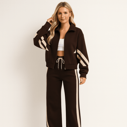 Women's 2-Piece Training Set featuring a stylish zipper jacket and wide leg pants, designed in a modern sporty style with contrasting stripes for a chic workout 0