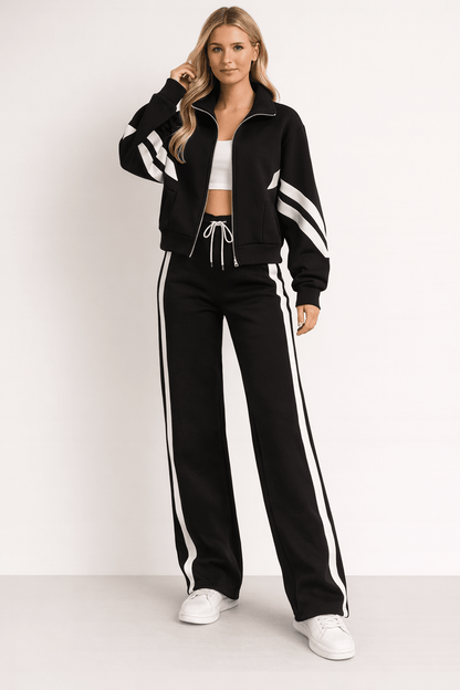 Women's 2-Piece Training Set featuring a stylish zipper jacket and wide leg pants, designed in a modern sporty style with contrasting stripes for a chic workout 1
