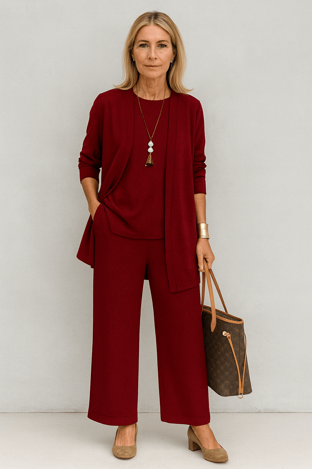 Women's 3-piece cardigan set featuring a stylish cardigan, comfortable top, and wide-leg trousers, perfect for autumn in black, grey, burgundy, 2