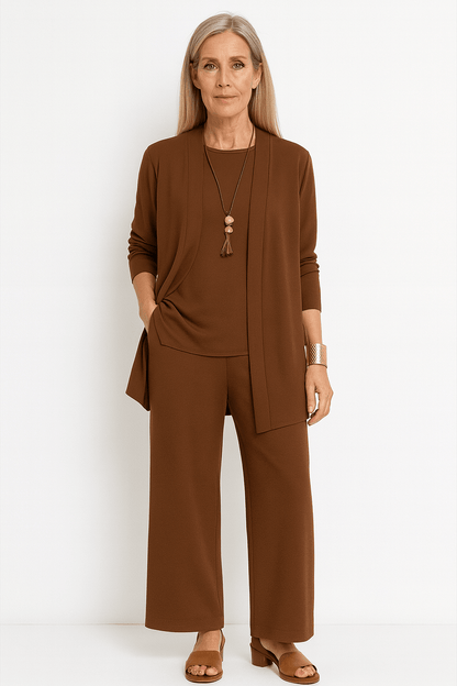 Women's 3-piece cardigan set featuring a stylish cardigan, comfortable top, and wide-leg trousers, perfect for autumn in black, grey, burgundy, 5