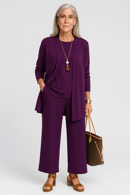 Women's 3-piece cardigan set featuring a stylish cardigan, comfortable top, and wide-leg trousers, perfect for autumn in black, grey, burgundy, 4