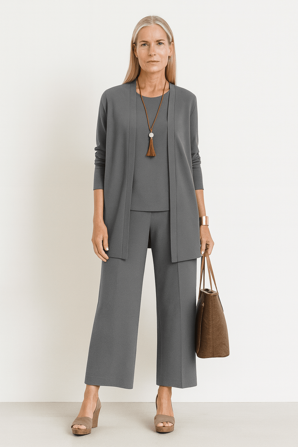 Women's 3-piece cardigan set featuring a stylish cardigan, comfortable top, and wide-leg trousers, perfect for autumn in black, grey, burgundy, 0