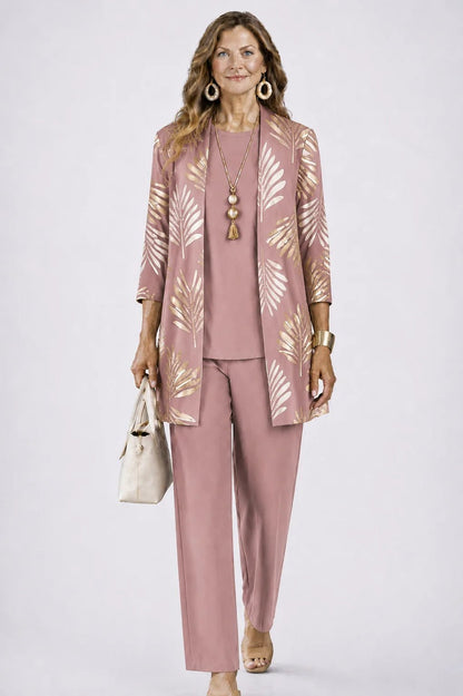 Women's 3-piece outfit set featuring a lightweight cardigan, a stylish tank top, and printed trousers, perfect for smart casual occasions. 11