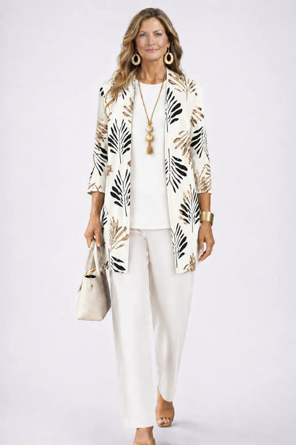 Women's 3-piece outfit set featuring a lightweight cardigan, a stylish tank top, and printed trousers, perfect for smart casual occasions. 14