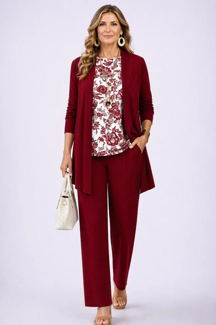 Women's 3-piece outfit set featuring a lightweight cardigan, a stylish tank top, and printed trousers, perfect for smart casual occasions. 6