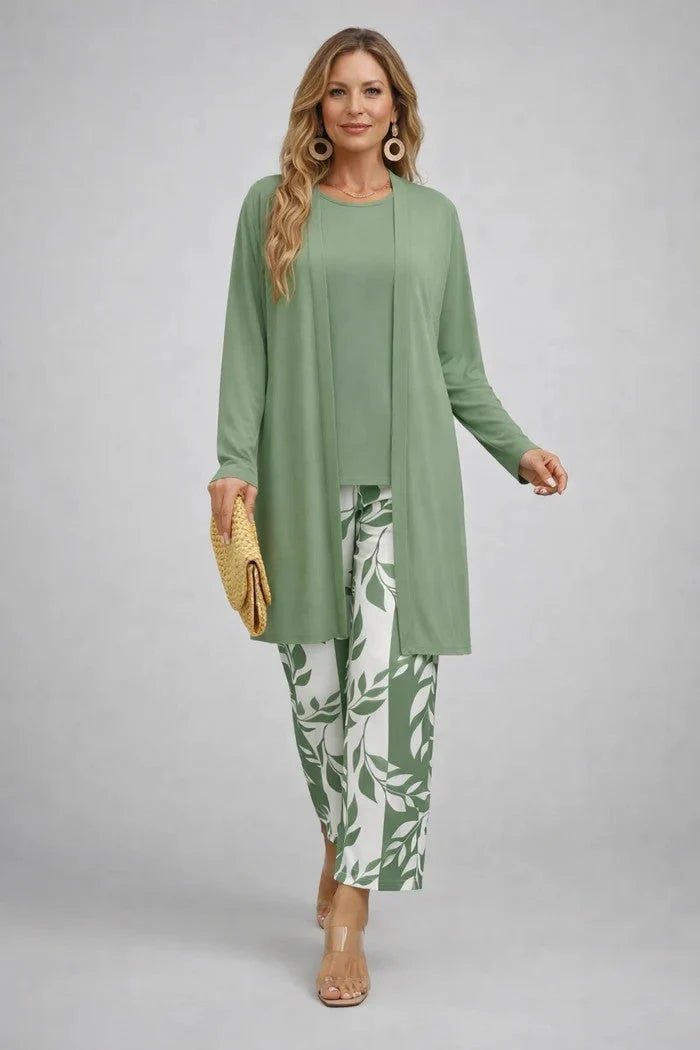 Women's 3-piece outfit set featuring a lightweight cardigan, a stylish tank top, and printed trousers, perfect for smart casual occasions. 3