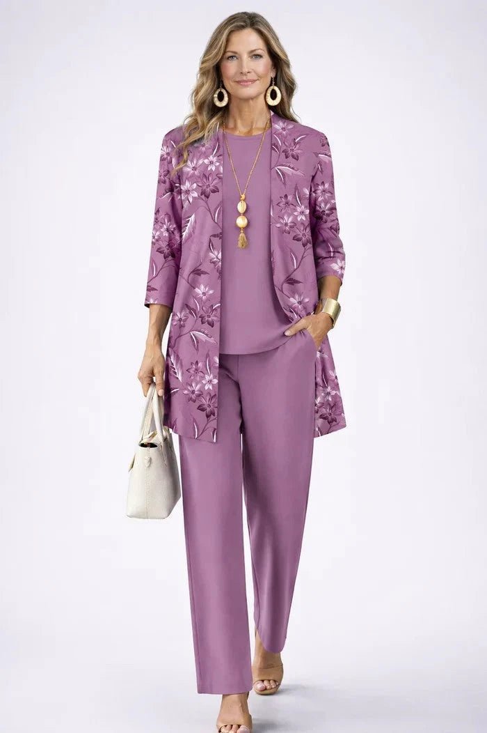 Women's 3-piece outfit set featuring a lightweight cardigan, a stylish tank top, and printed trousers, perfect for smart casual occasions. 4