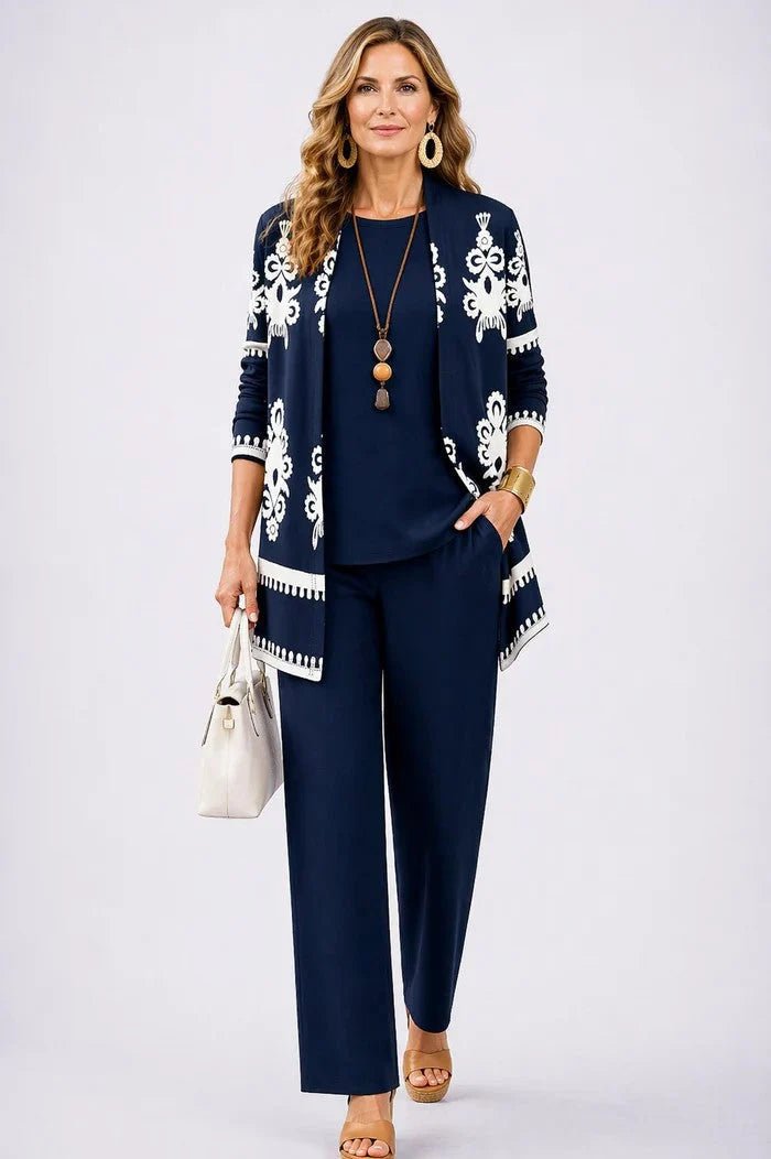 Women's 3-piece outfit set featuring a lightweight cardigan, a stylish tank top, and printed trousers, perfect for smart casual occasions. 7