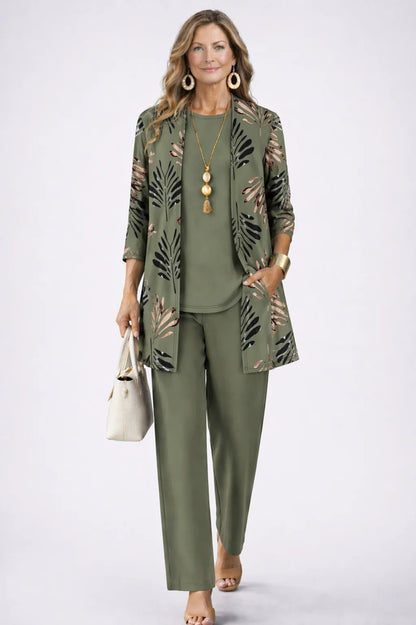 Women's 3-piece outfit set featuring a lightweight cardigan, a stylish tank top, and printed trousers, perfect for smart casual occasions. 1