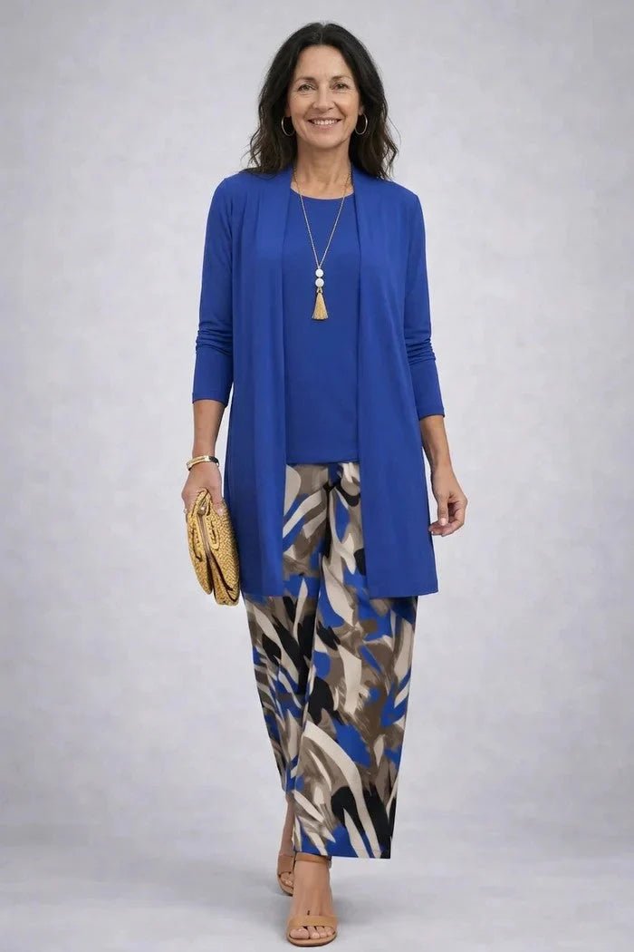 Women's 3-piece outfit set featuring a lightweight cardigan, a stylish tank top, and printed trousers, perfect for smart casual occasions. 2