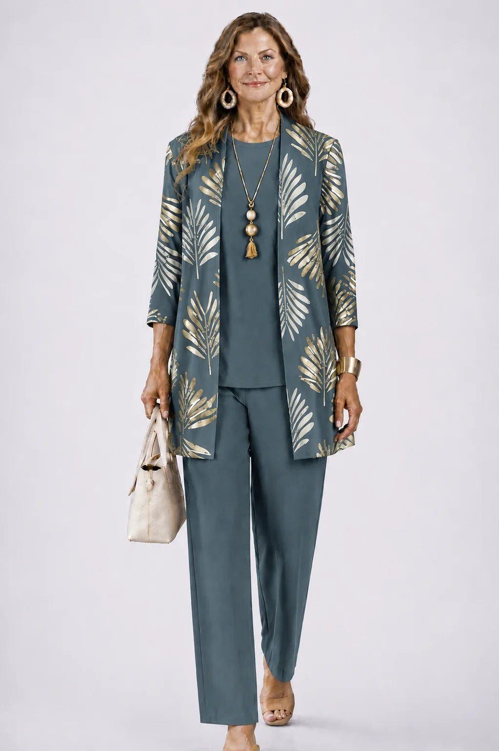 Women's 3-piece outfit set featuring a lightweight cardigan, a stylish tank top, and printed trousers, perfect for smart casual occasions. 0