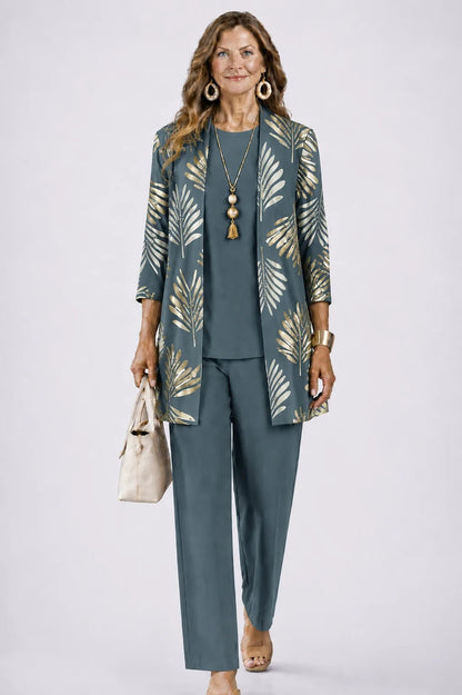 Women's 3-piece outfit set featuring a lightweight cardigan, a stylish tank top, and printed trousers, perfect for smart casual occasions. 0