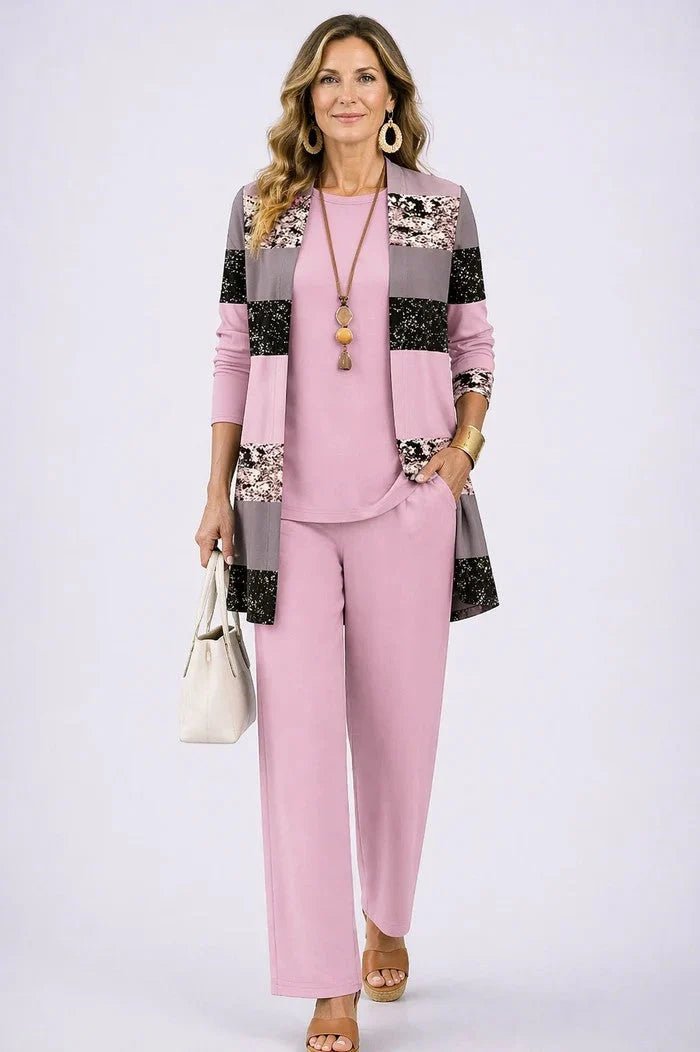 Women's 3-piece outfit set featuring a lightweight cardigan, a stylish tank top, and printed trousers, perfect for smart casual occasions. 5