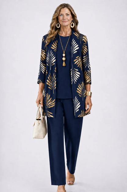 Women's 3-piece outfit set featuring a lightweight cardigan, a stylish tank top, and printed trousers, perfect for smart casual occasions. 12
