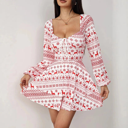 Women's A-Line Mini Dress featuring a vibrant printed design, long sleeves, and a flattering V-neckline, perfect for autumn styles. 0