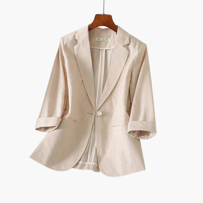 Women's black blazer featuring 3/4 sleeves and a stylish notched lapel, crafted from a lightweight linen blend for a chic and comfortable fit. 3