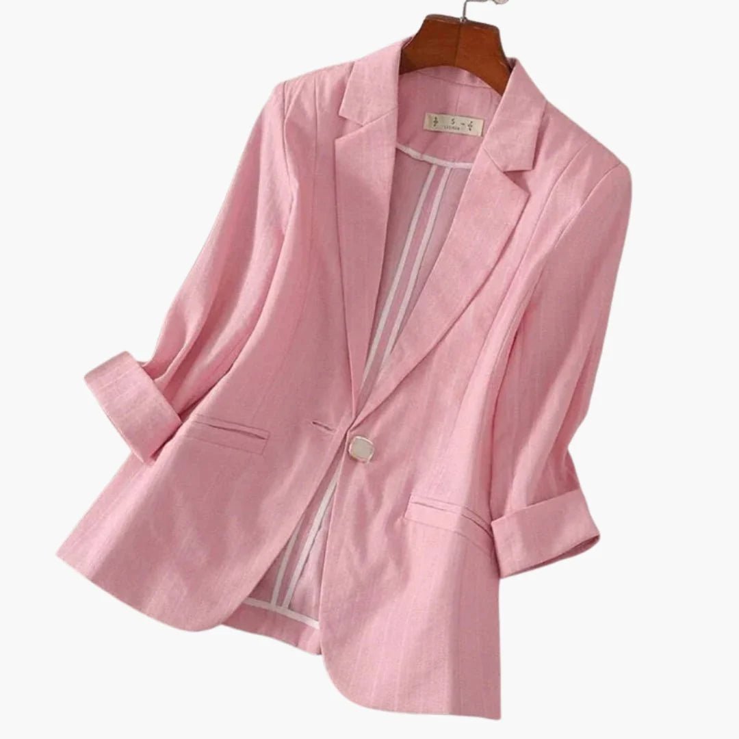 Women's black blazer featuring 3/4 sleeves and a stylish notched lapel, crafted from a lightweight linen blend for a chic and comfortable fit. 0