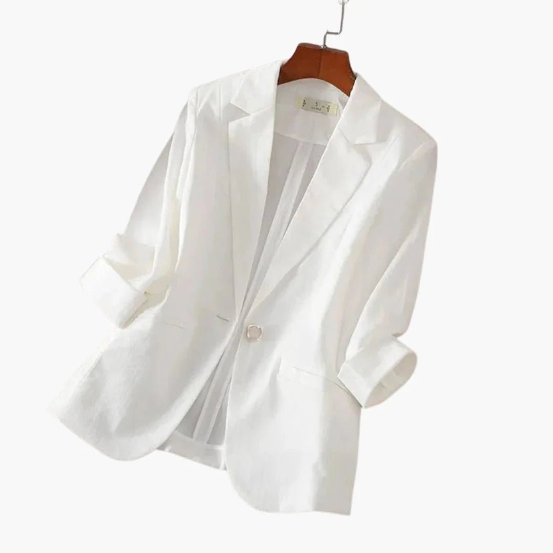 Women's black blazer featuring 3/4 sleeves and a stylish notched lapel, crafted from a lightweight linen blend for a chic and comfortable fit. 2