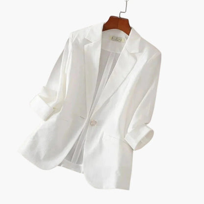 Women's black blazer featuring 3/4 sleeves and a stylish notched lapel, crafted from a lightweight linen blend for a chic and comfortable fit. 2