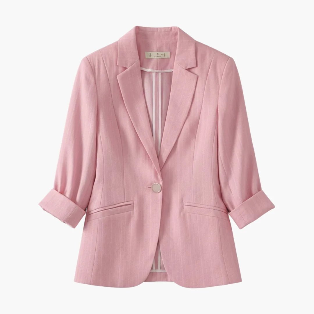 Women's black blazer featuring 3/4 sleeves and a stylish notched lapel, crafted from a lightweight linen blend for a chic and comfortable fit. 1