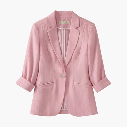 Women's black blazer featuring 3/4 sleeves and a stylish notched lapel, crafted from a lightweight linen blend for a chic and comfortable fit. 1