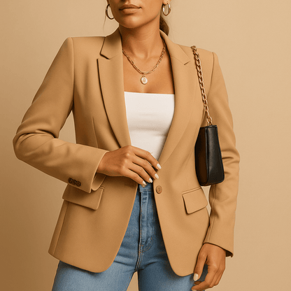 Women's classic design blazer in slim fit, available in stylish black and white colors, perfect for professional and casual occasions. 2