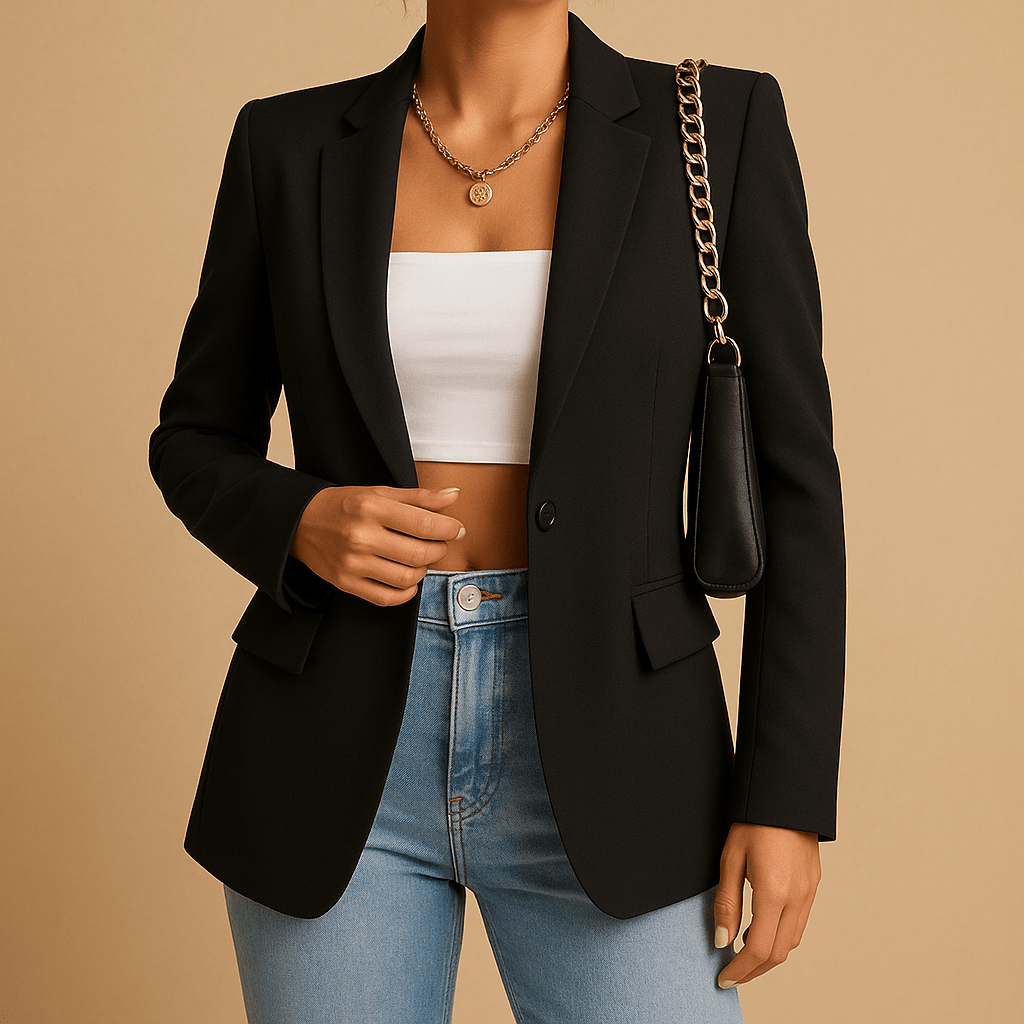 Women's classic design blazer in slim fit, available in stylish black and white colors, perfect for professional and casual occasions. 6