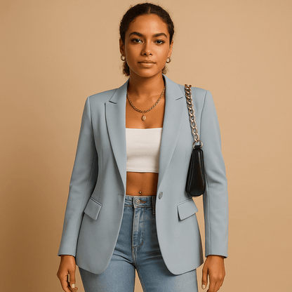 Women's classic design blazer in slim fit, available in stylish black and white colors, perfect for professional and casual occasions. 5