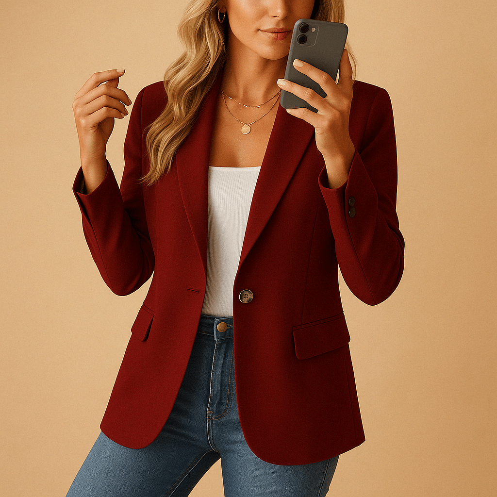 Women's blazer featuring an elastic fit and classic slim design in neutral shades, perfect for versatile styling in any wardrobe. 4
