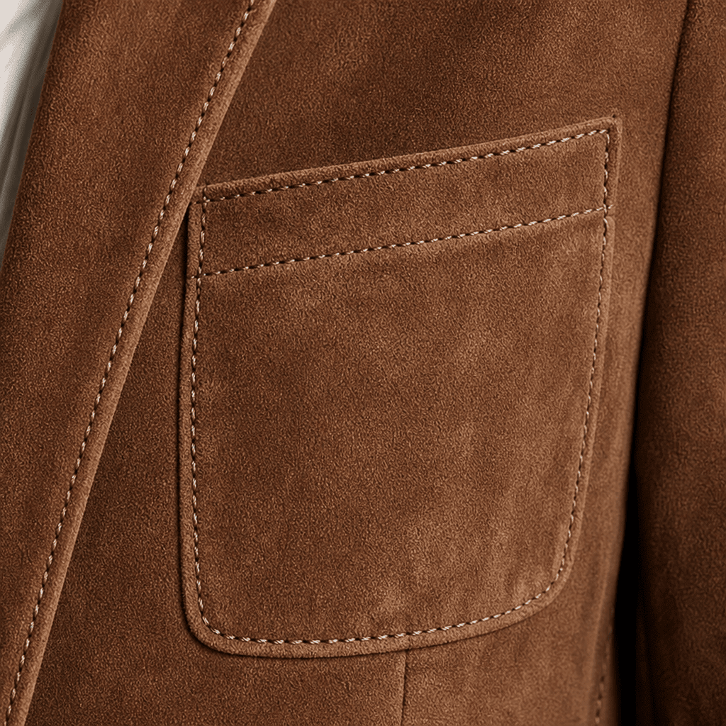 Women's blazer featuring a notched lapel, functional pockets, and a relaxed fit in matte suede, perfect for stylish and comfortable layering. 3