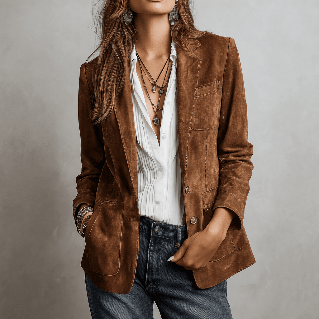 Women's blazer featuring a notched lapel, functional pockets, and a relaxed fit in matte suede, perfect for stylish and comfortable layering. 0
