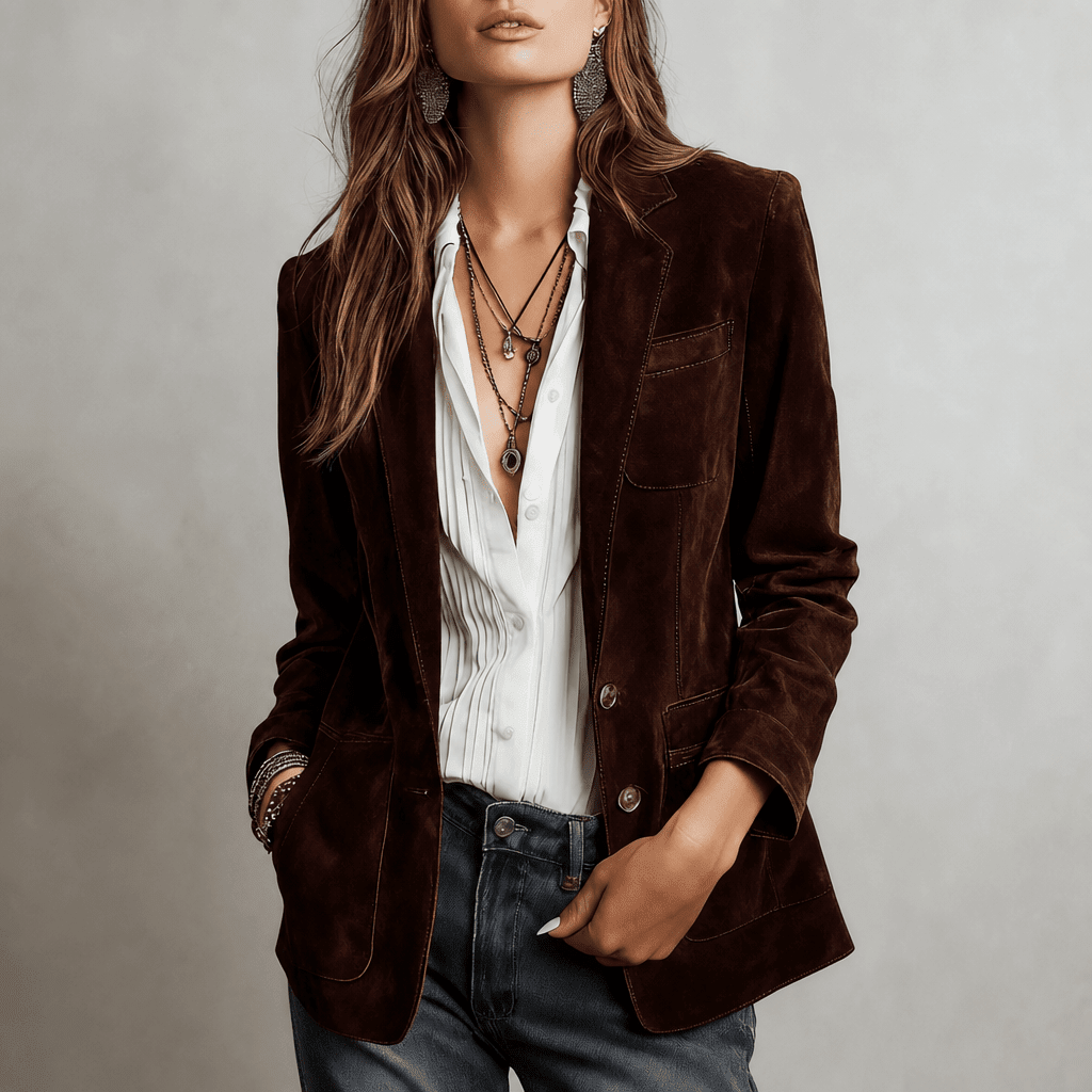Women's blazer featuring a notched lapel, functional pockets, and a relaxed fit in matte suede, perfect for stylish and comfortable layering. 5
