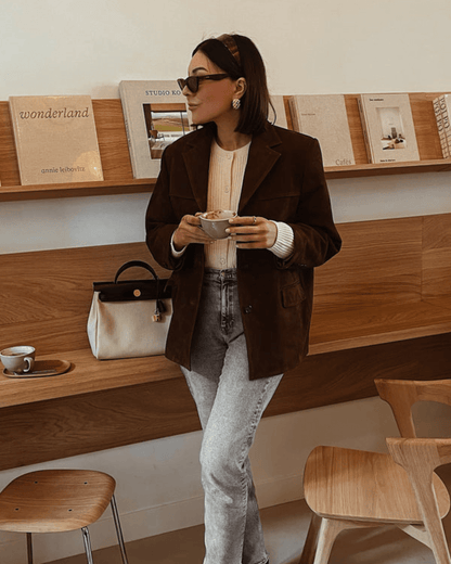 Women's tailored fit blazer in soft suede look, perfect for versatile office and casual wear, showcasing a chic and modern design. 6