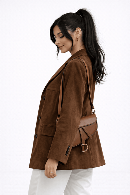 Women's tailored fit blazer in soft suede look, perfect for versatile office and casual wear, showcasing a chic and modern design. 2