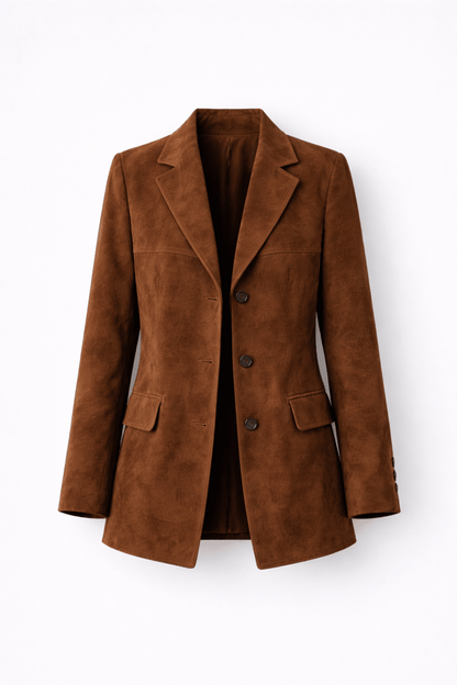 Women's tailored fit blazer in soft suede look, perfect for versatile office and casual wear, showcasing a chic and modern design. 1