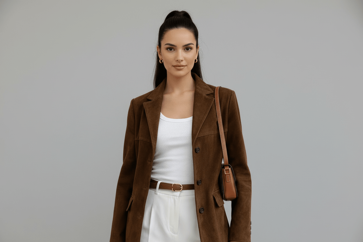 Women's tailored fit blazer in soft suede look, perfect for versatile office and casual wear, showcasing a chic and modern design. 0
