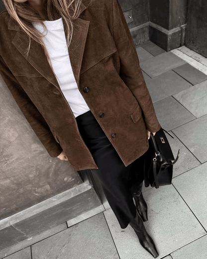 Women's tailored fit blazer in soft suede look, perfect for versatile office and casual wear, showcasing a chic and modern design. 7
