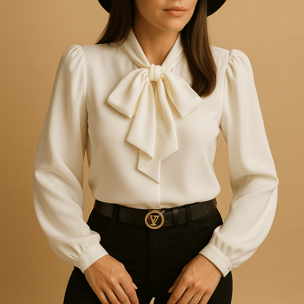 Women's blouse with bow tie neck, lightweight long sleeve top in a stylish design, perfect for elegant office or casual wear. 5