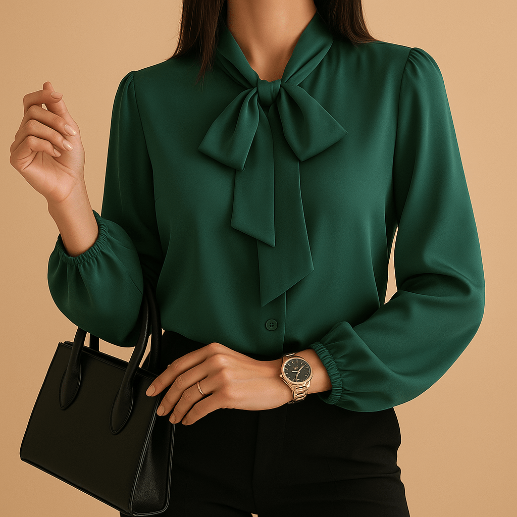 Women's blouse with bow tie neck, lightweight long sleeve top in a stylish design, perfect for elegant office or casual wear. 0