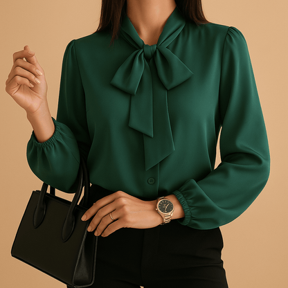 Women's blouse with bow tie neck, lightweight long sleeve top in a stylish design, perfect for elegant office or casual wear. 0