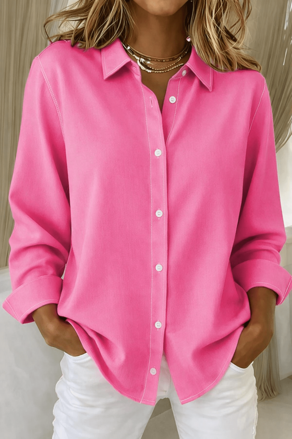 Women's minimalist long sleeve blouse with button closure, perfect for summer, available in plus sizes from S to 5XL. 0