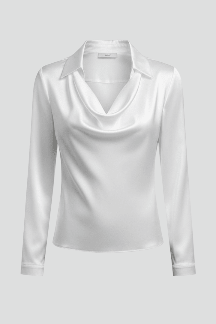 Elegant women's blouse featuring a draped collar and long sleeves, designed with a luxurious satin finish, perfect for both casual and formal occasions. 1