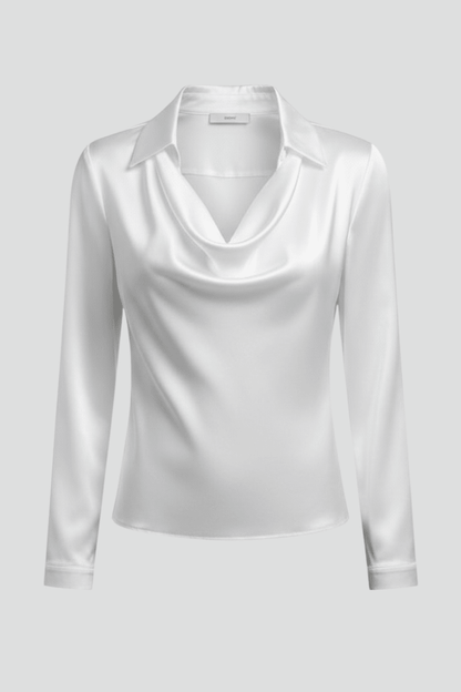 Elegant women's blouse featuring a draped collar and long sleeves, designed with a luxurious satin finish, perfect for both casual and formal occasions. 1