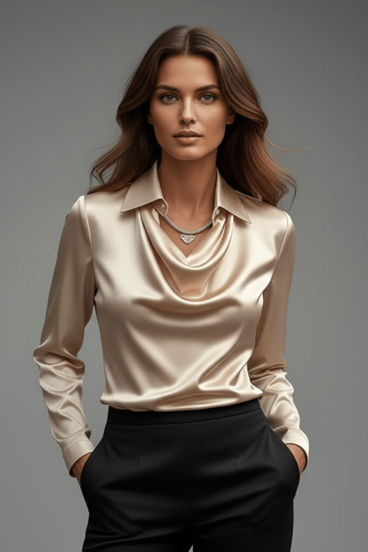 Elegant women's blouse featuring a draped collar and long sleeves, designed with a luxurious satin finish, perfect for both casual and formal occasions. 8