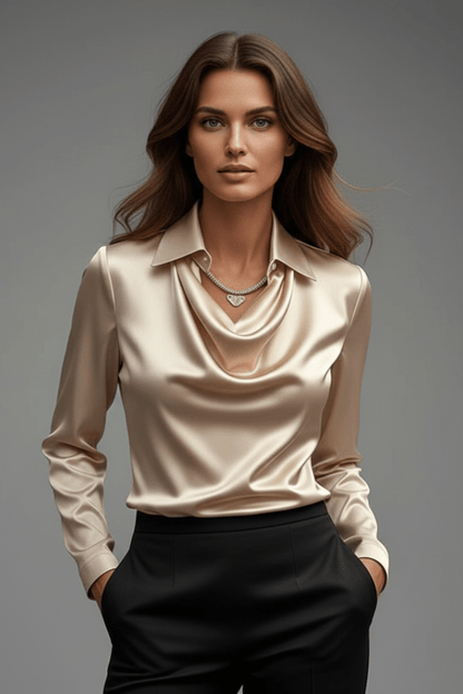 Elegant women's blouse featuring a draped collar and long sleeves, designed with a luxurious satin finish, perfect for both casual and formal occasions. 8